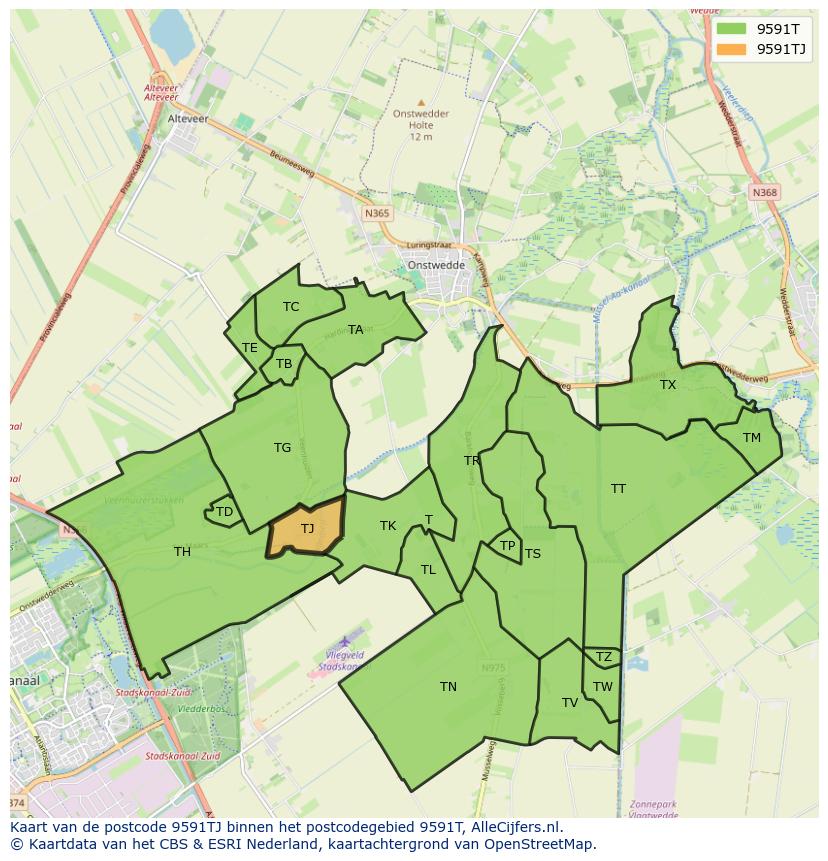 Afbeelding van het postcodegebied 9591 TJ op de kaart.