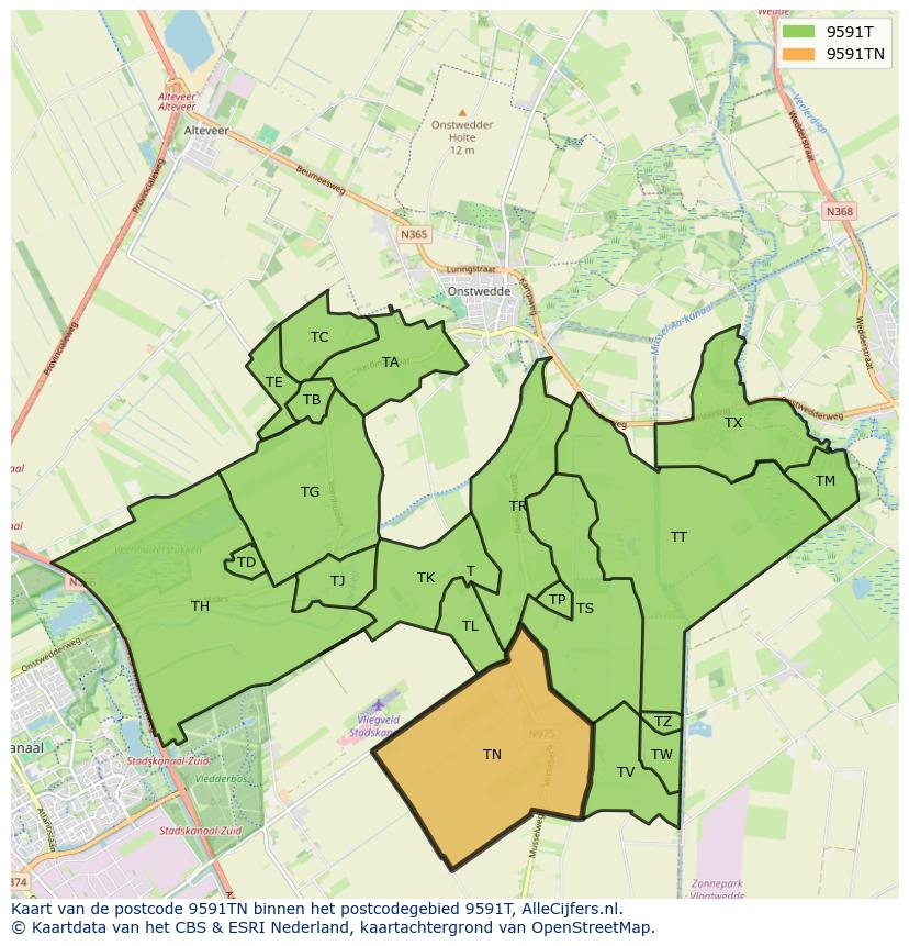Afbeelding van het postcodegebied 9591 TN op de kaart.