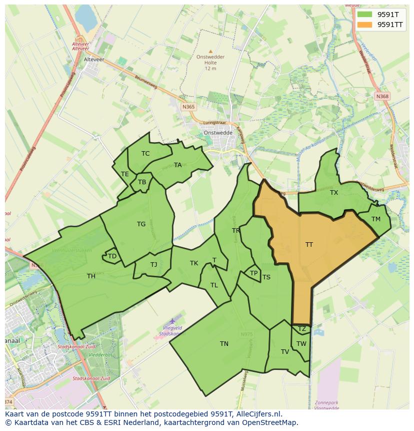 Afbeelding van het postcodegebied 9591 TT op de kaart.