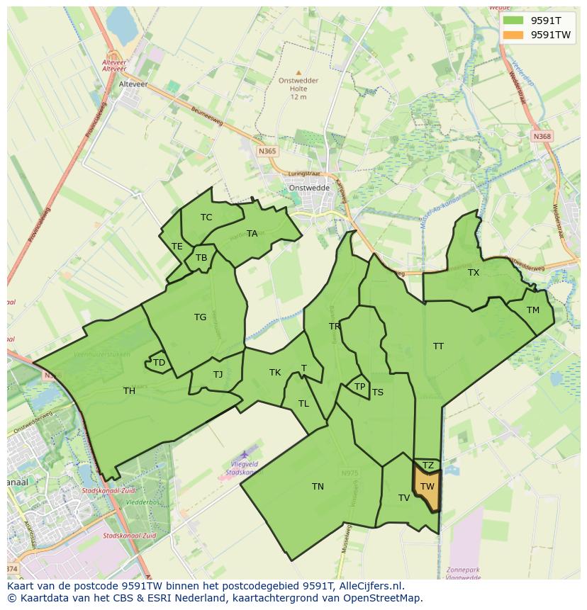 Afbeelding van het postcodegebied 9591 TW op de kaart.