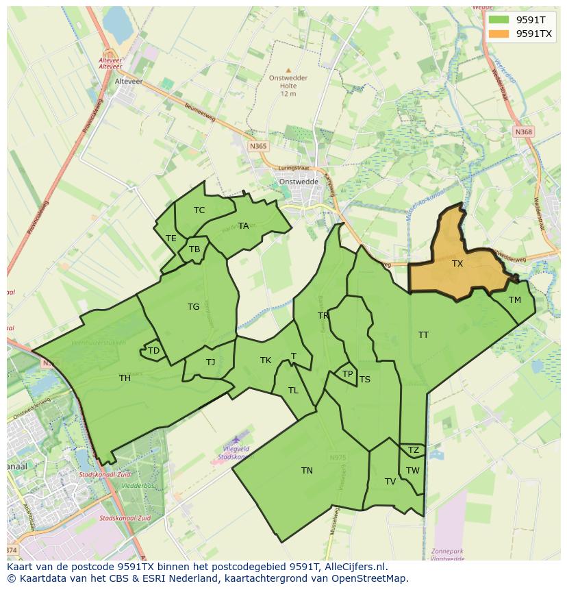 Afbeelding van het postcodegebied 9591 TX op de kaart.