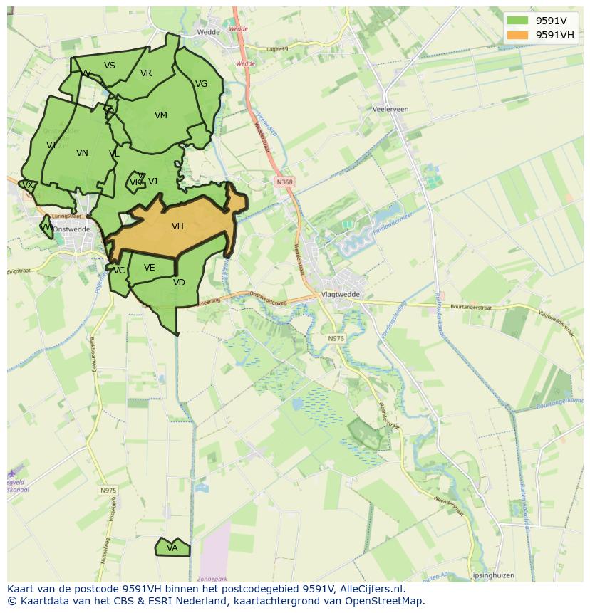 Afbeelding van het postcodegebied 9591 VH op de kaart.