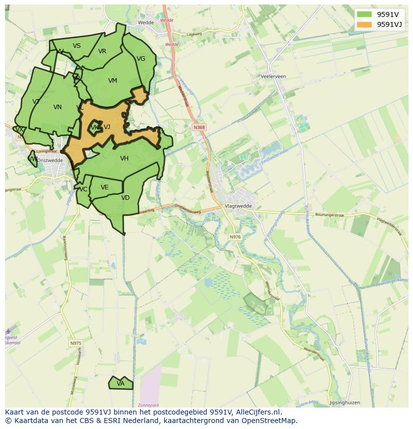 Afbeelding van het postcodegebied 9591 VJ op de kaart.