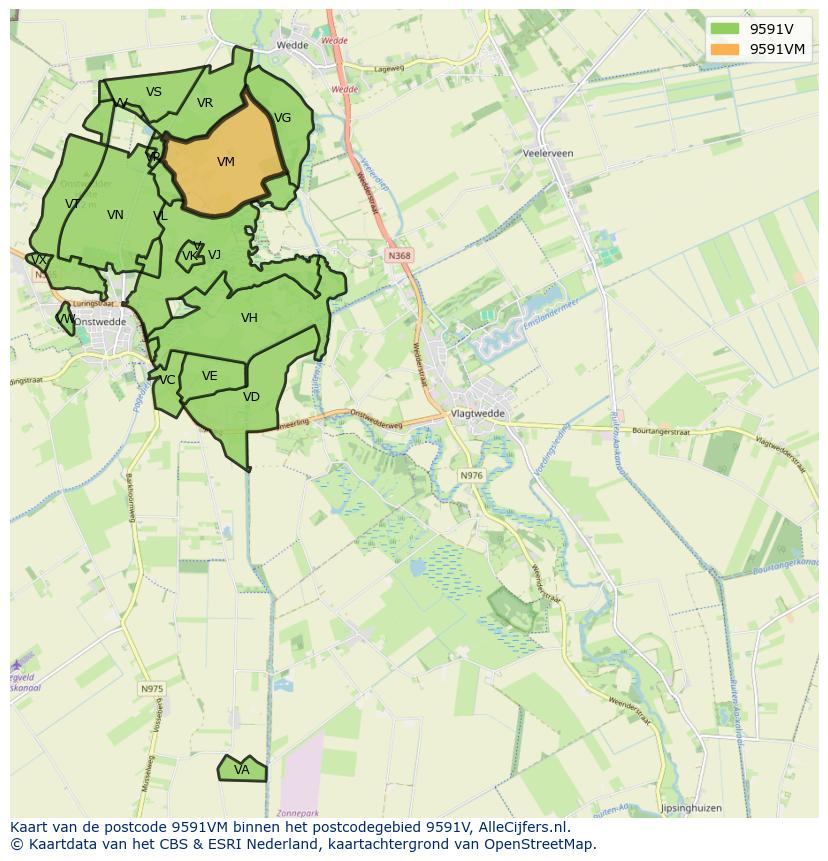 Afbeelding van het postcodegebied 9591 VM op de kaart.