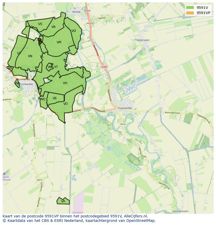 Afbeelding van het postcodegebied 9591 VP op de kaart.