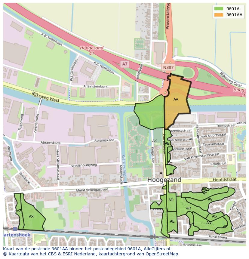 Afbeelding van het postcodegebied 9601 AA op de kaart.