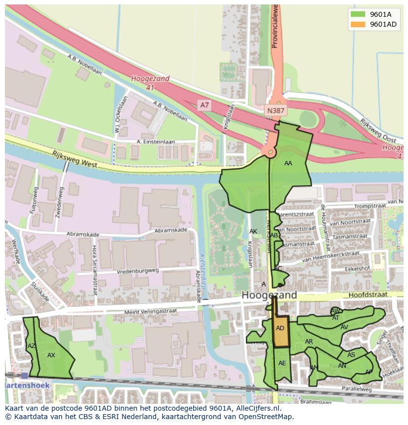 Afbeelding van het postcodegebied 9601 AD op de kaart.