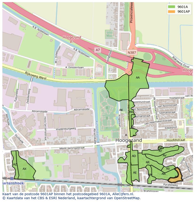 Afbeelding van het postcodegebied 9601 AP op de kaart.