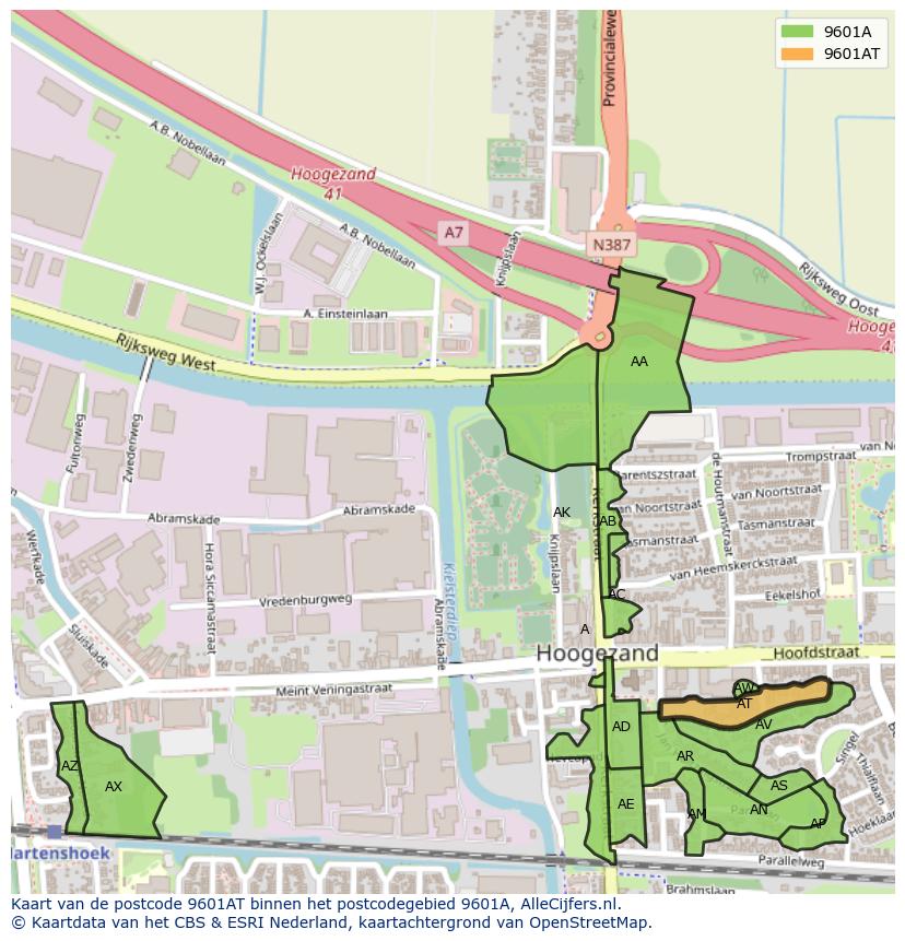 Afbeelding van het postcodegebied 9601 AT op de kaart.