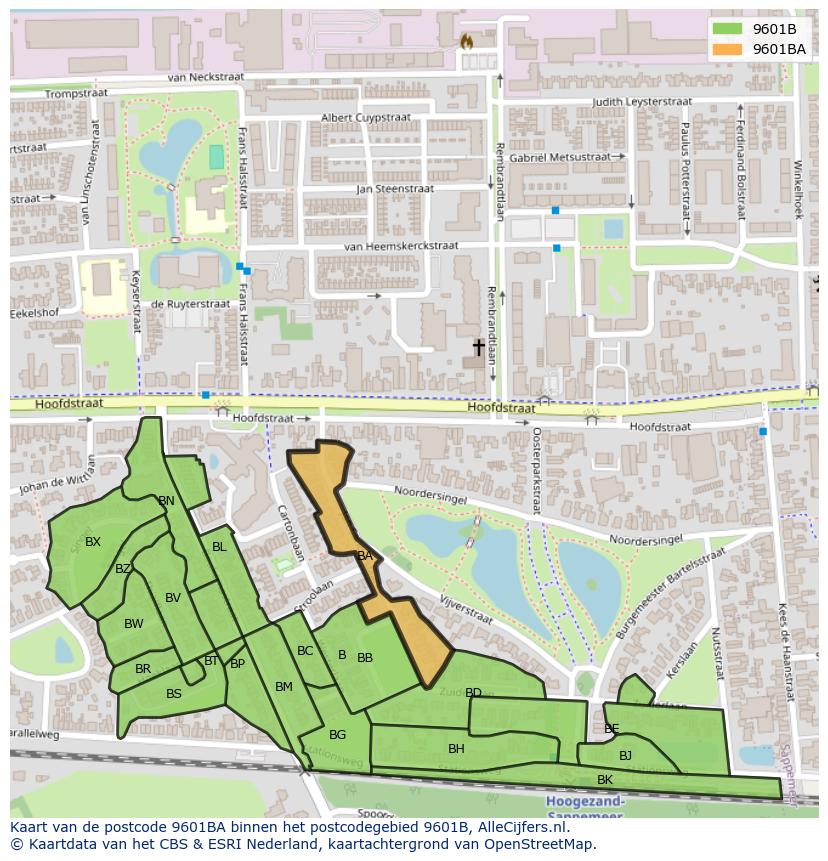 Afbeelding van het postcodegebied 9601 BA op de kaart.