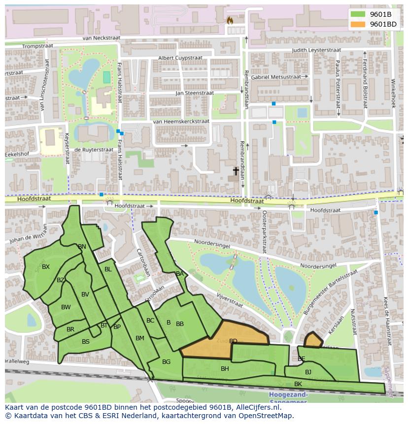 Afbeelding van het postcodegebied 9601 BD op de kaart.