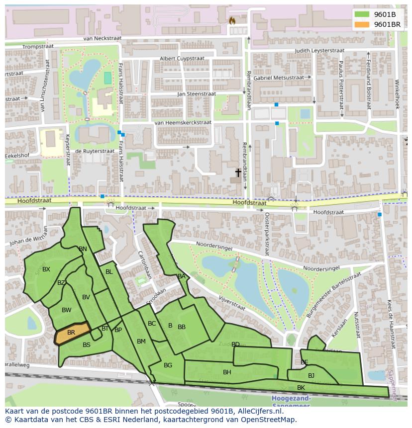 Afbeelding van het postcodegebied 9601 BR op de kaart.