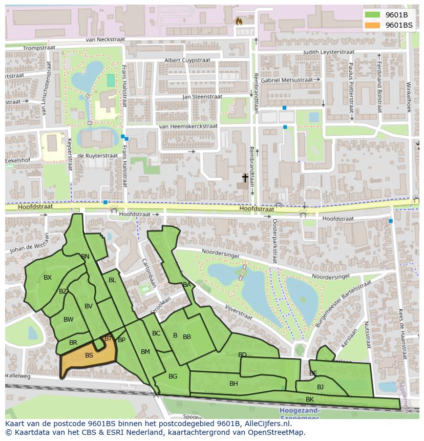 Afbeelding van het postcodegebied 9601 BS op de kaart.