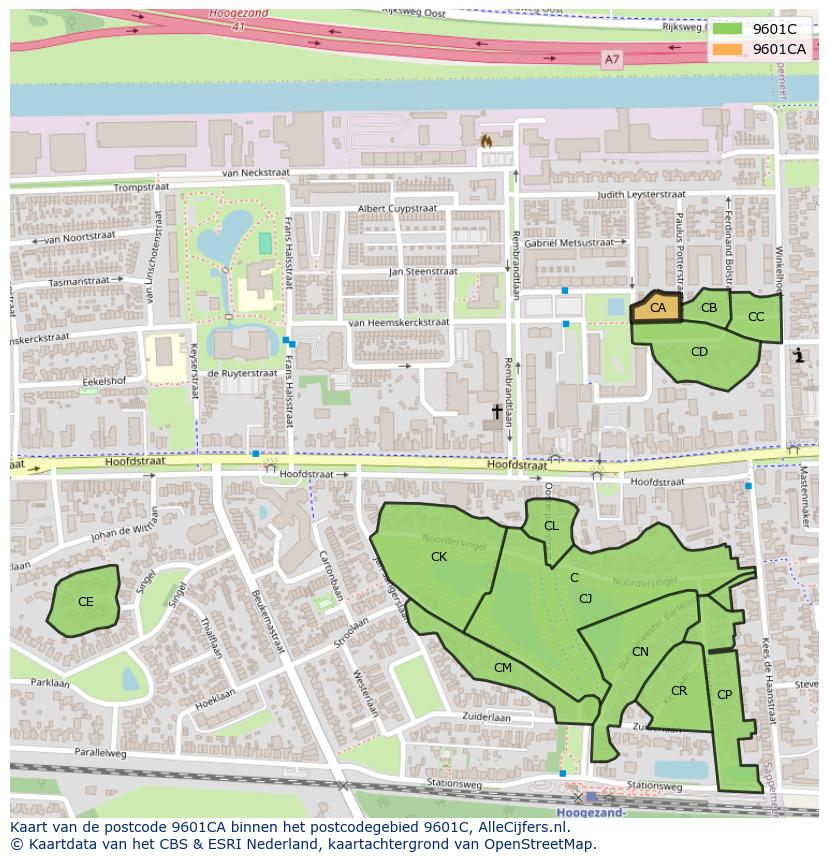 Afbeelding van het postcodegebied 9601 CA op de kaart.
