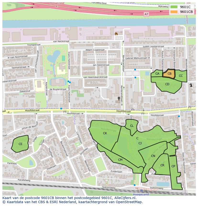 Afbeelding van het postcodegebied 9601 CB op de kaart.