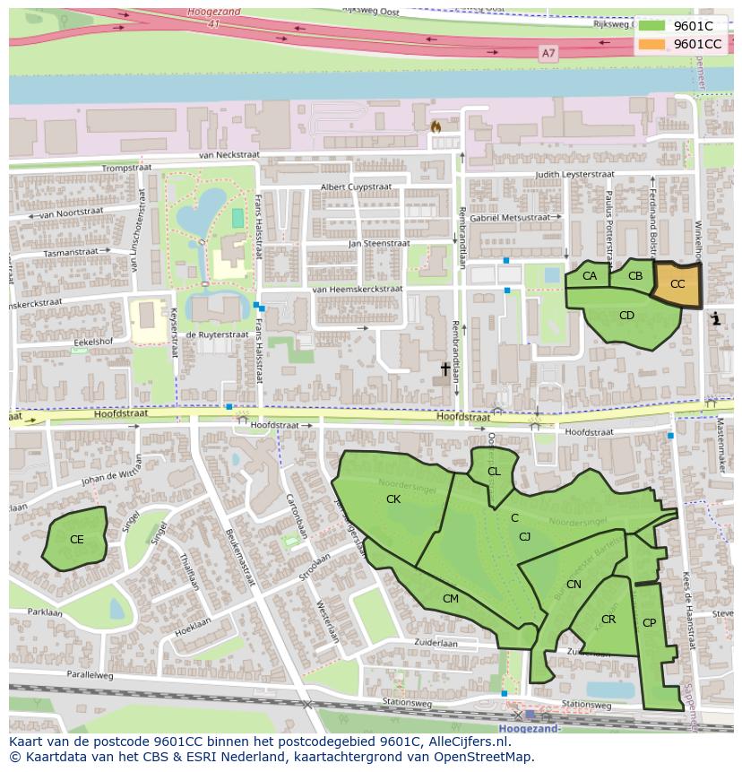 Afbeelding van het postcodegebied 9601 CC op de kaart.