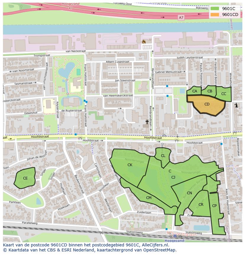 Afbeelding van het postcodegebied 9601 CD op de kaart.