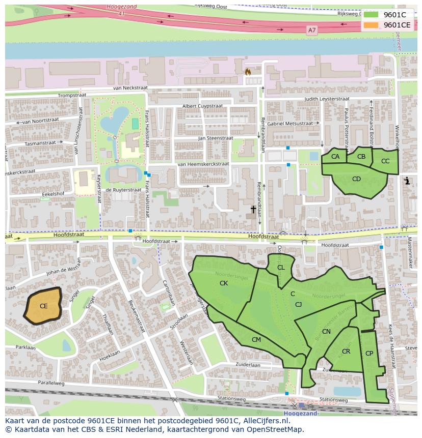 Afbeelding van het postcodegebied 9601 CE op de kaart.