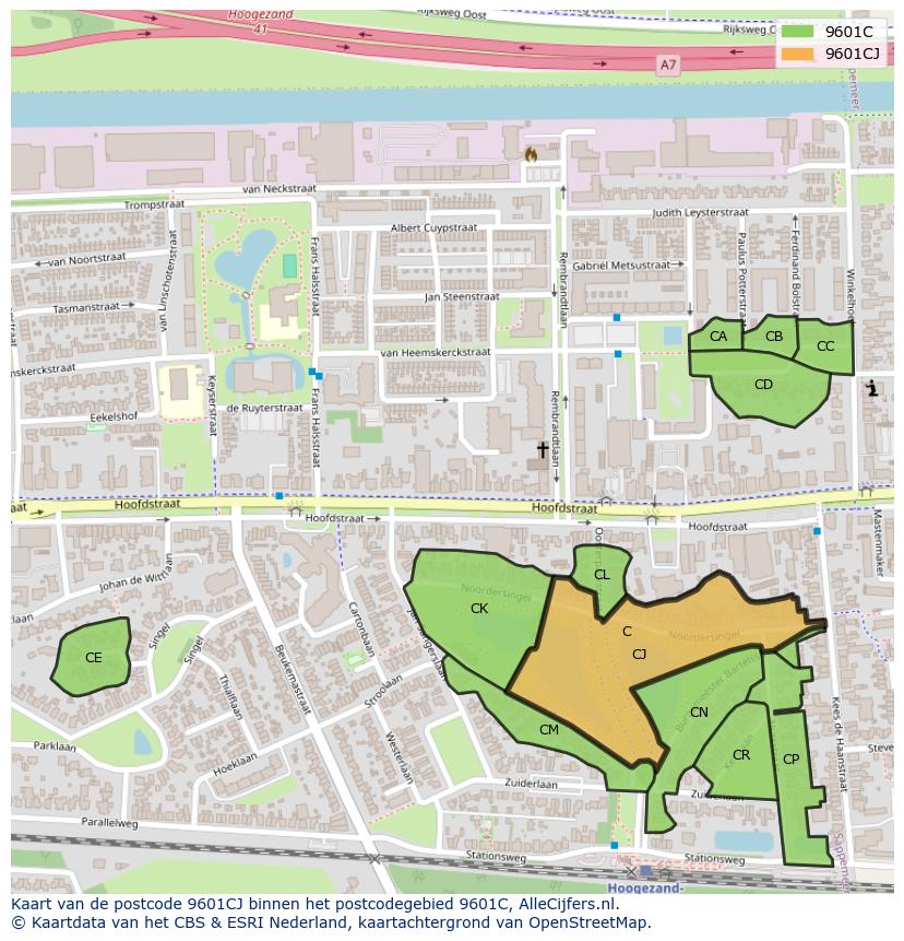 Afbeelding van het postcodegebied 9601 CJ op de kaart.