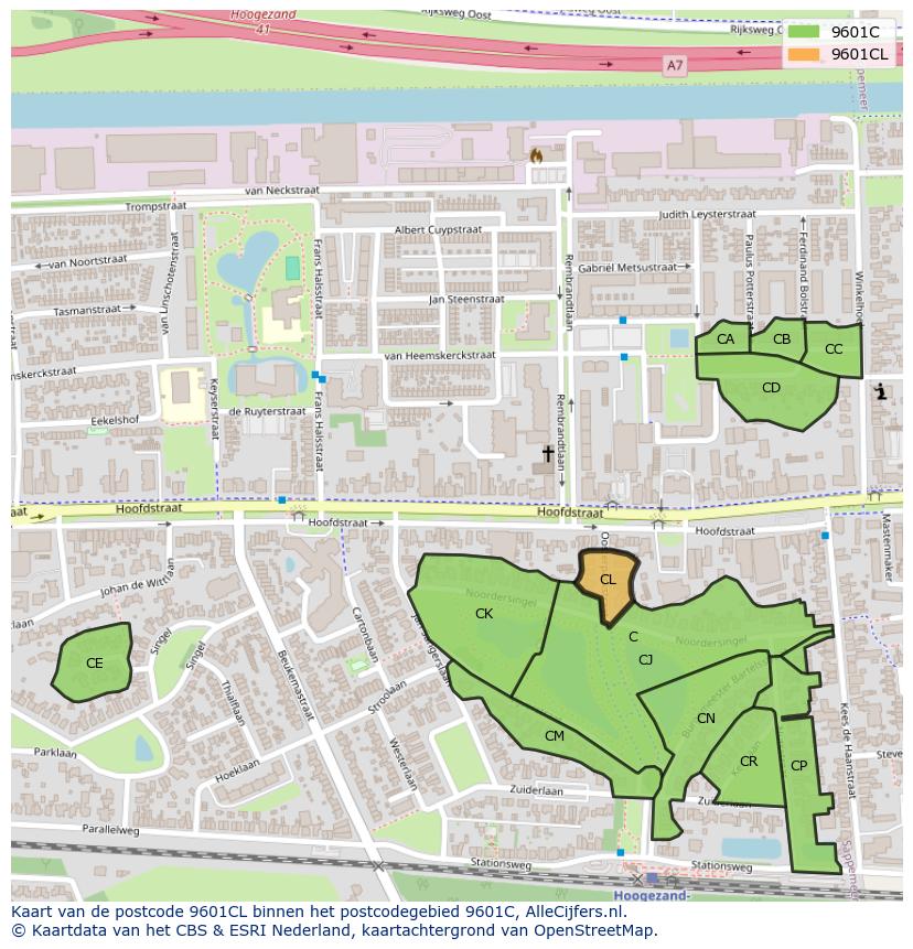 Afbeelding van het postcodegebied 9601 CL op de kaart.