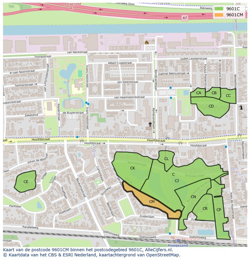 Afbeelding van het postcodegebied 9601 CM op de kaart.