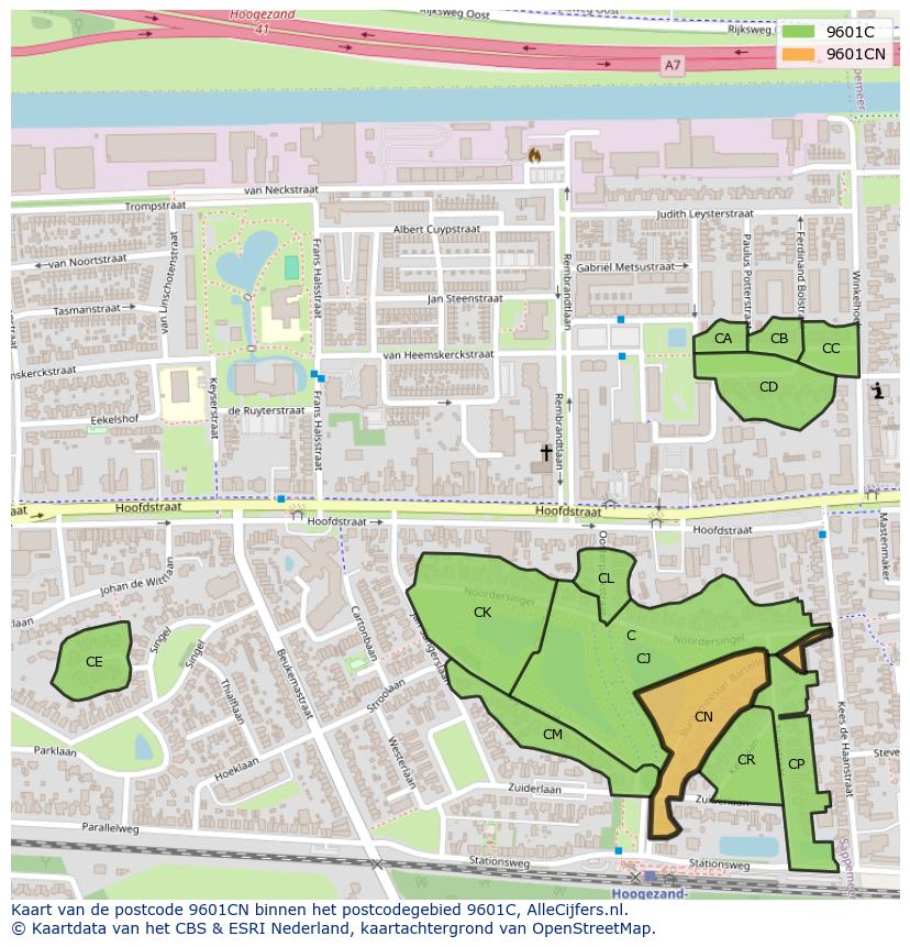 Afbeelding van het postcodegebied 9601 CN op de kaart.