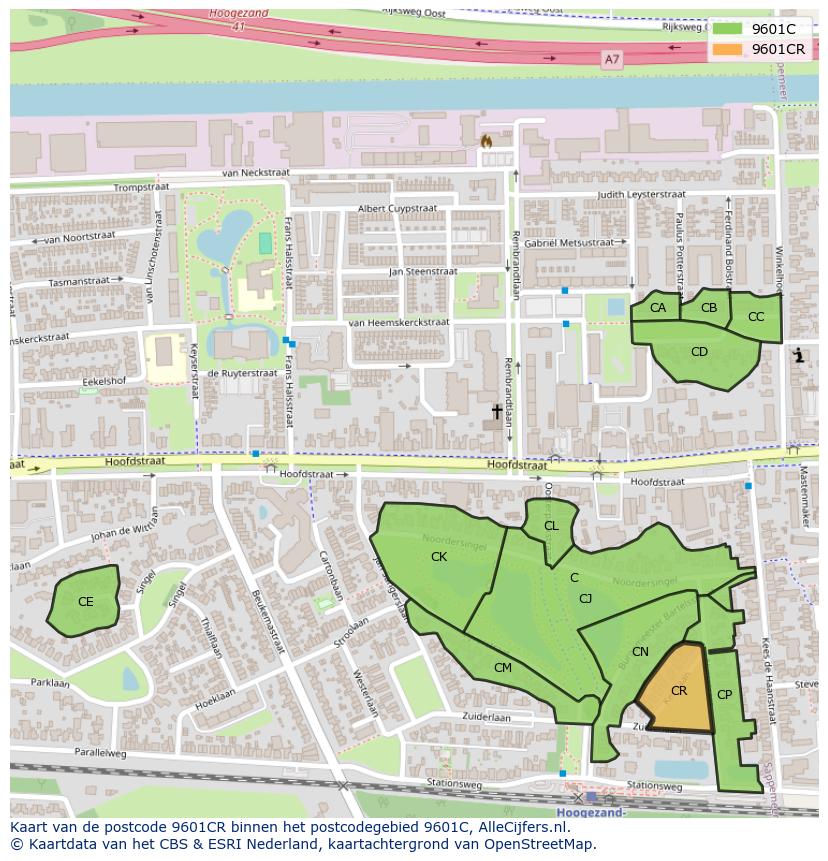 Afbeelding van het postcodegebied 9601 CR op de kaart.
