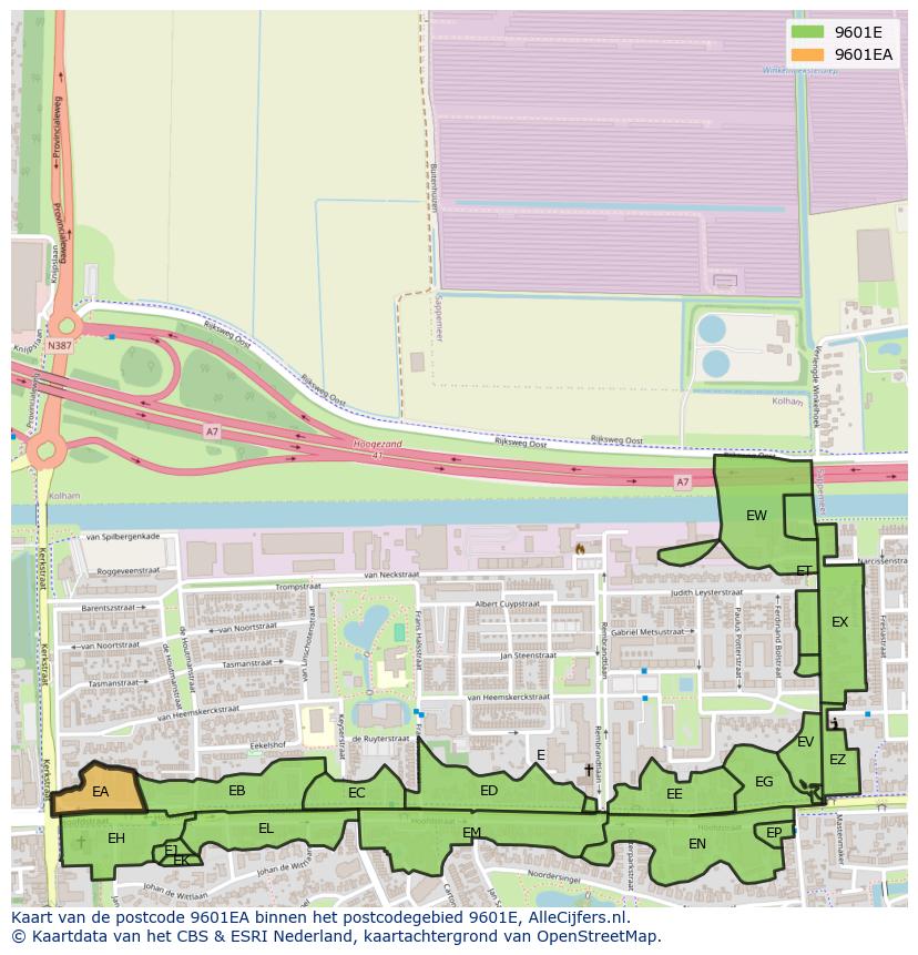 Afbeelding van het postcodegebied 9601 EA op de kaart.