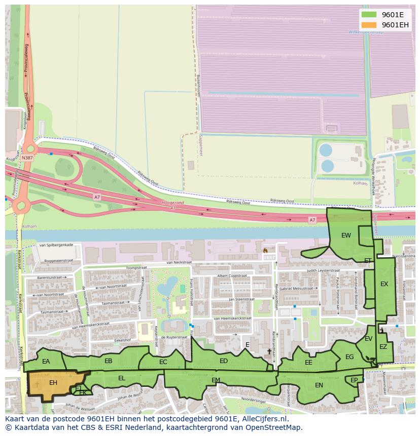 Afbeelding van het postcodegebied 9601 EH op de kaart.