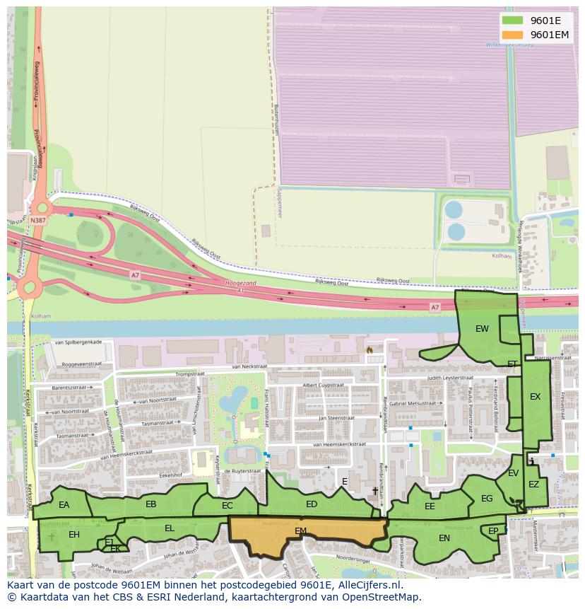 Afbeelding van het postcodegebied 9601 EM op de kaart.