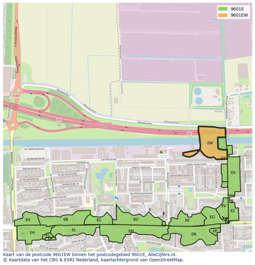 Afbeelding van het postcodegebied 9601 EW op de kaart.