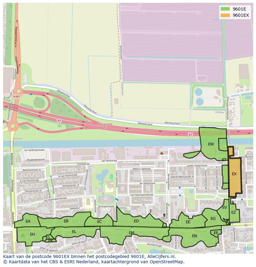 Afbeelding van het postcodegebied 9601 EX op de kaart.