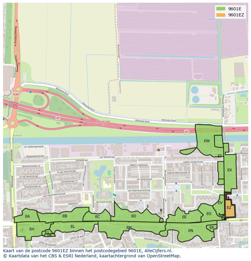 Afbeelding van het postcodegebied 9601 EZ op de kaart.
