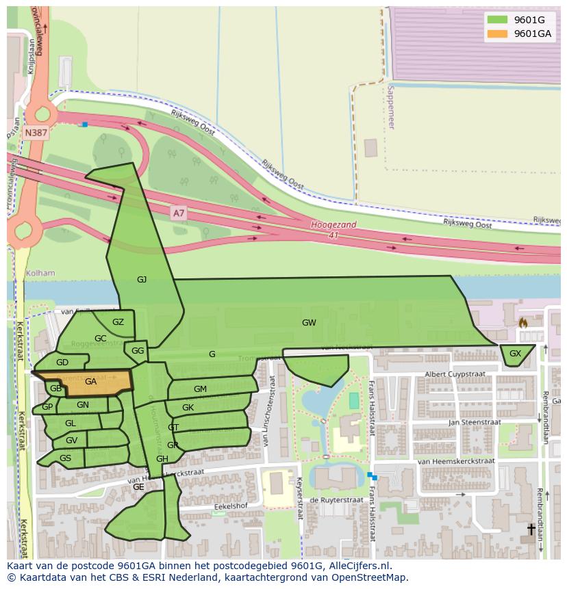 Afbeelding van het postcodegebied 9601 GA op de kaart.