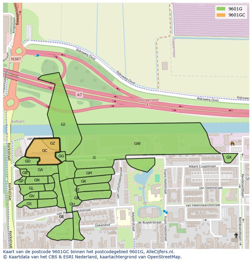 Afbeelding van het postcodegebied 9601 GC op de kaart.