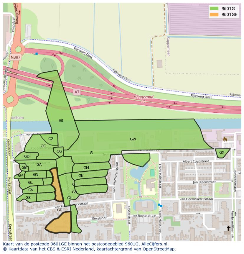 Afbeelding van het postcodegebied 9601 GE op de kaart.
