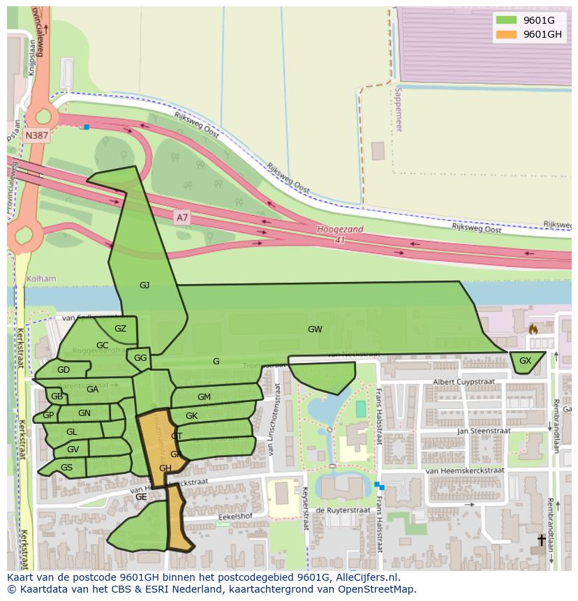 Afbeelding van het postcodegebied 9601 GH op de kaart.