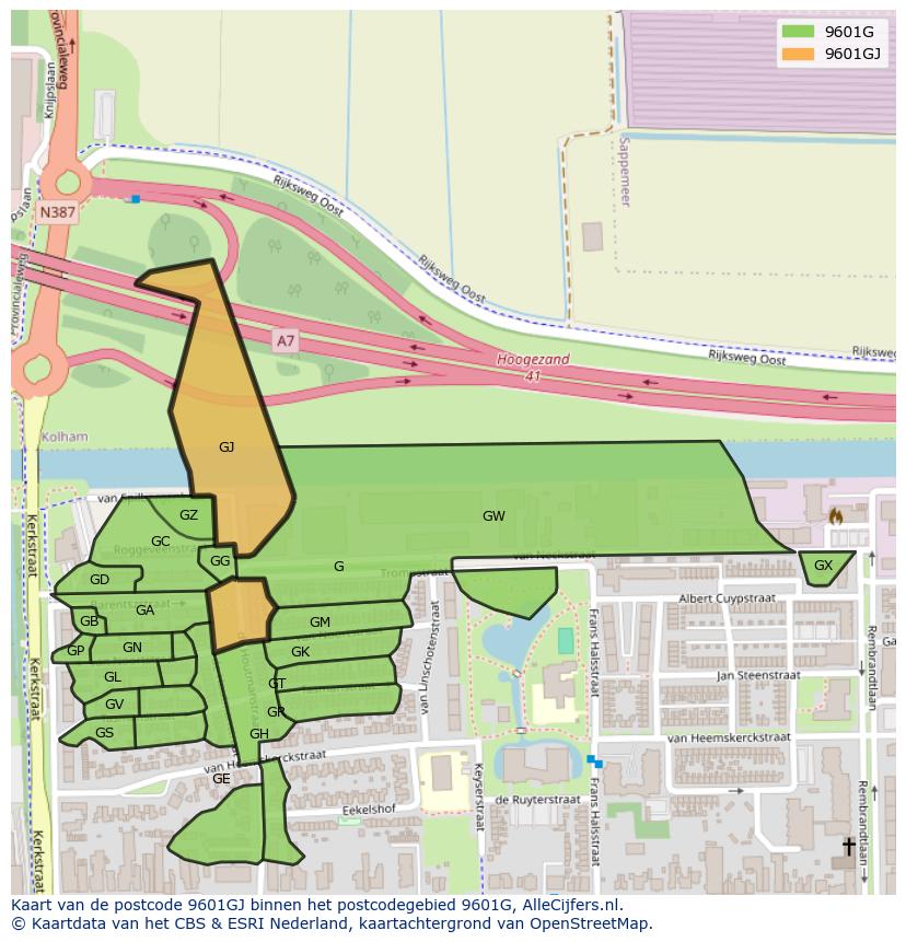 Afbeelding van het postcodegebied 9601 GJ op de kaart.