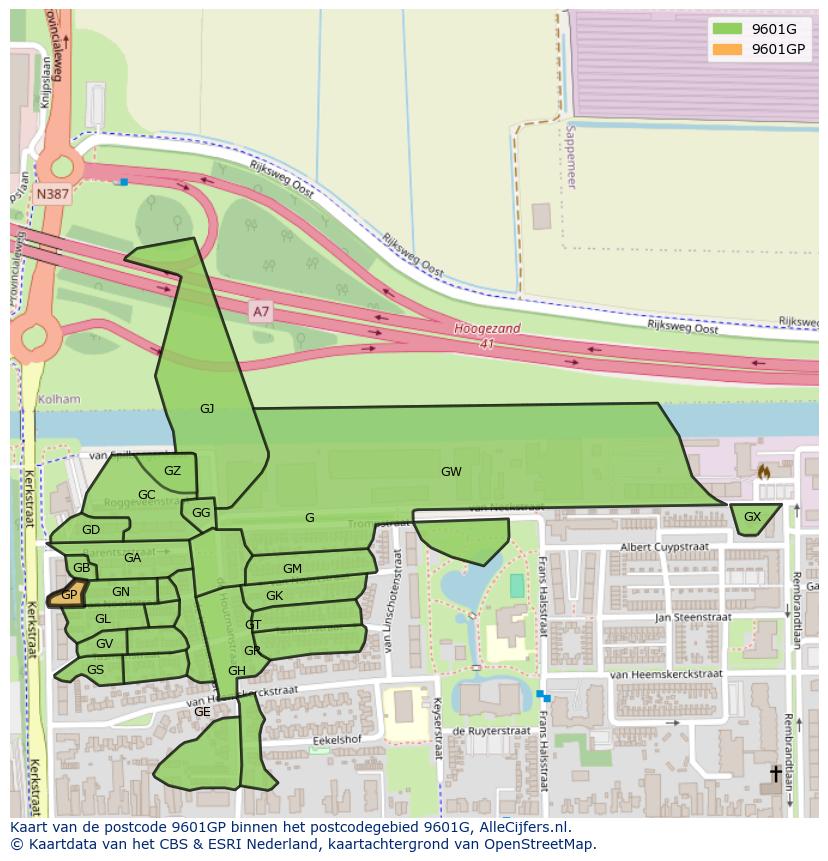 Afbeelding van het postcodegebied 9601 GP op de kaart.