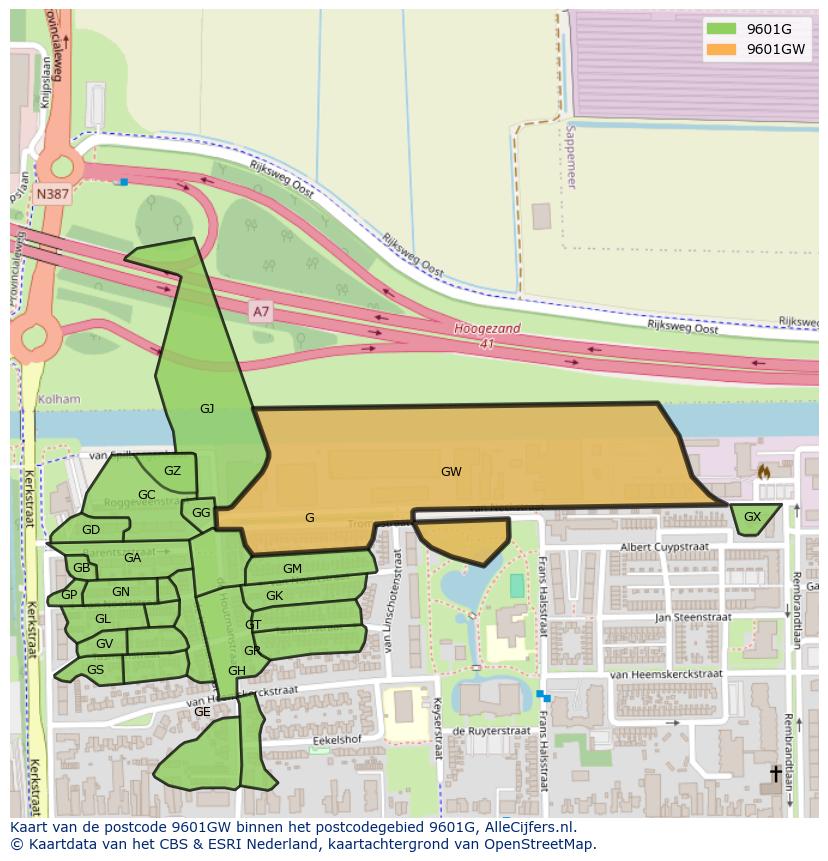 Afbeelding van het postcodegebied 9601 GW op de kaart.