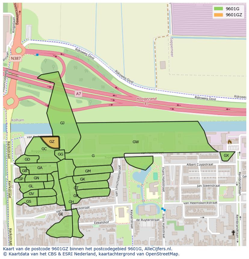 Afbeelding van het postcodegebied 9601 GZ op de kaart.