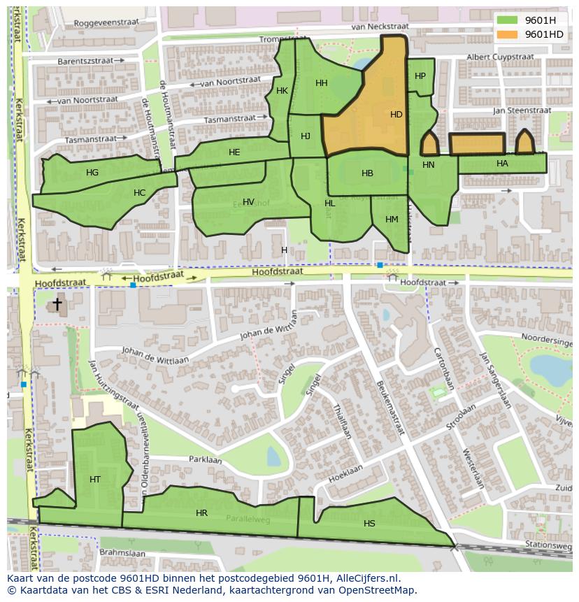Afbeelding van het postcodegebied 9601 HD op de kaart.