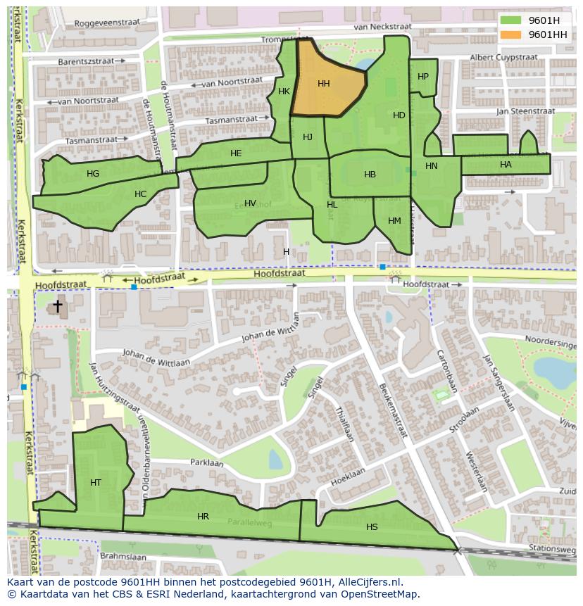 Afbeelding van het postcodegebied 9601 HH op de kaart.