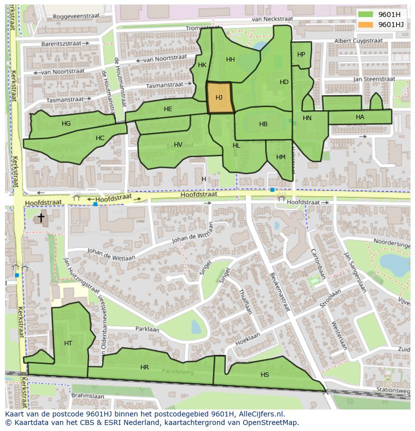 Afbeelding van het postcodegebied 9601 HJ op de kaart.