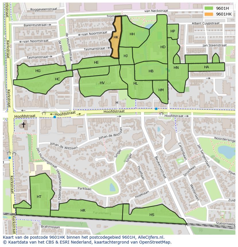 Afbeelding van het postcodegebied 9601 HK op de kaart.
