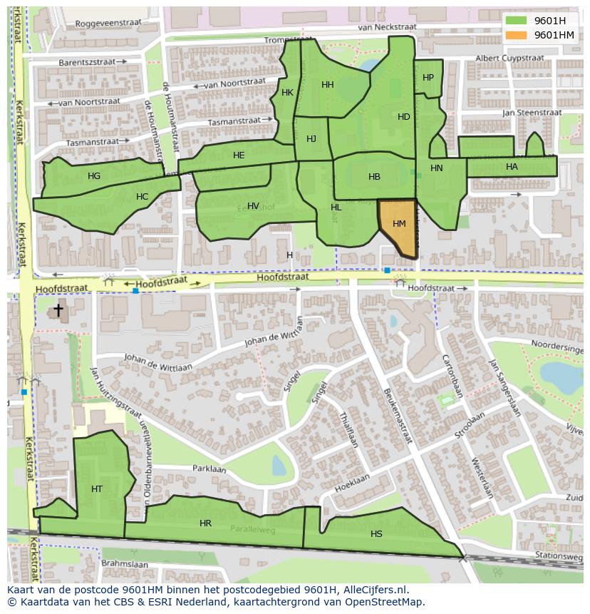 Afbeelding van het postcodegebied 9601 HM op de kaart.