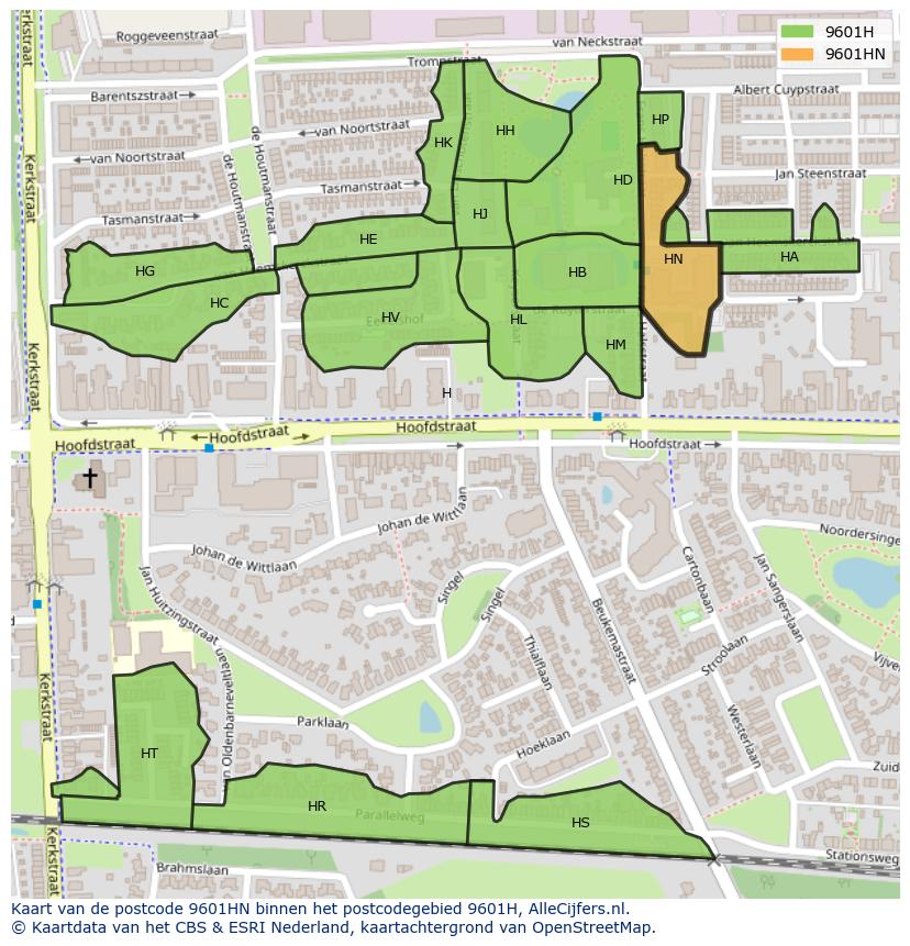Afbeelding van het postcodegebied 9601 HN op de kaart.