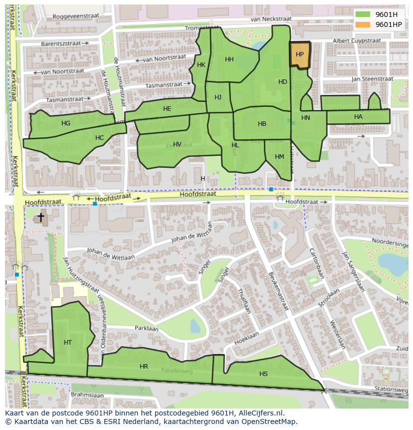 Afbeelding van het postcodegebied 9601 HP op de kaart.