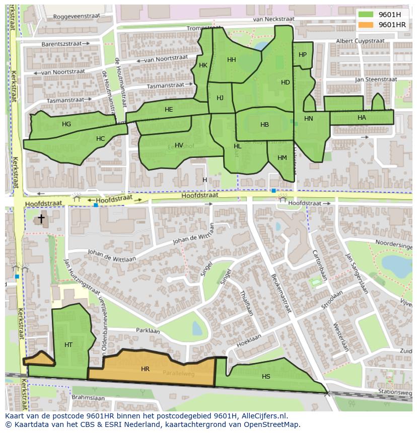Afbeelding van het postcodegebied 9601 HR op de kaart.