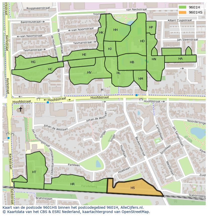 Afbeelding van het postcodegebied 9601 HS op de kaart.